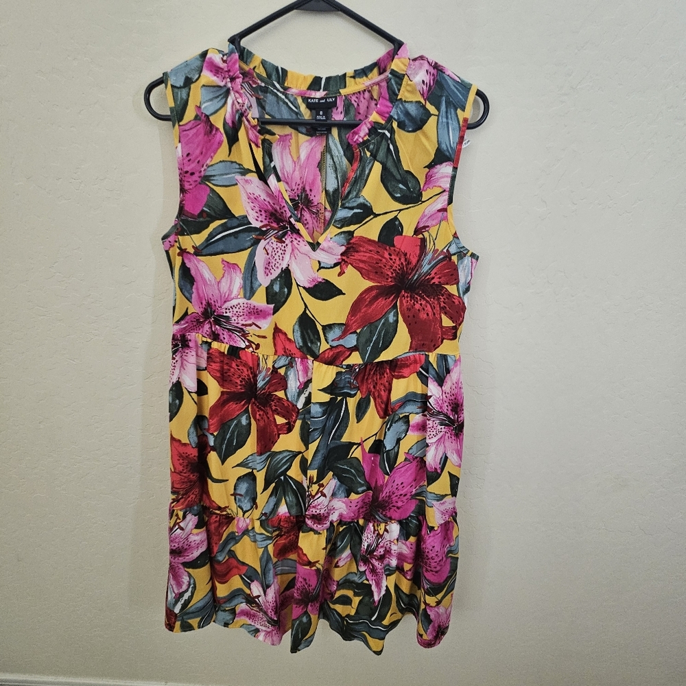 Kate And Lily Floral V-Neck Sleeveless Chiffon Dress Yellow Size 8
